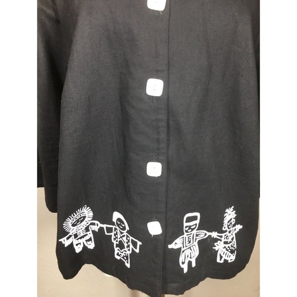 Vintage On The Rocks Women's 1X Black Cotton Linen Button Up Tribal Art to Wear - Picture 6 of 11